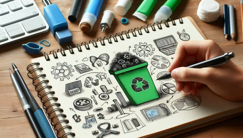 Dessin d’un processus de recyclage dans un carnet, entouré de croquis techniques et de matériel de bureau.