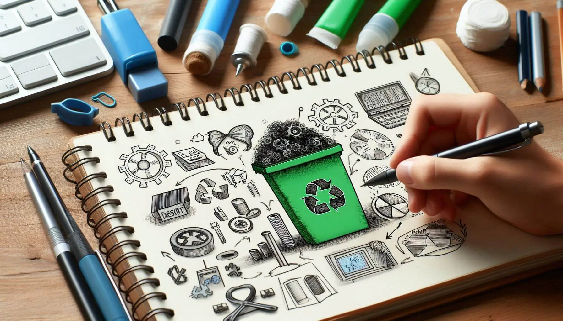 Dessin d’un processus de recyclage dans un carnet, entouré de croquis techniques et de matériel de bureau.