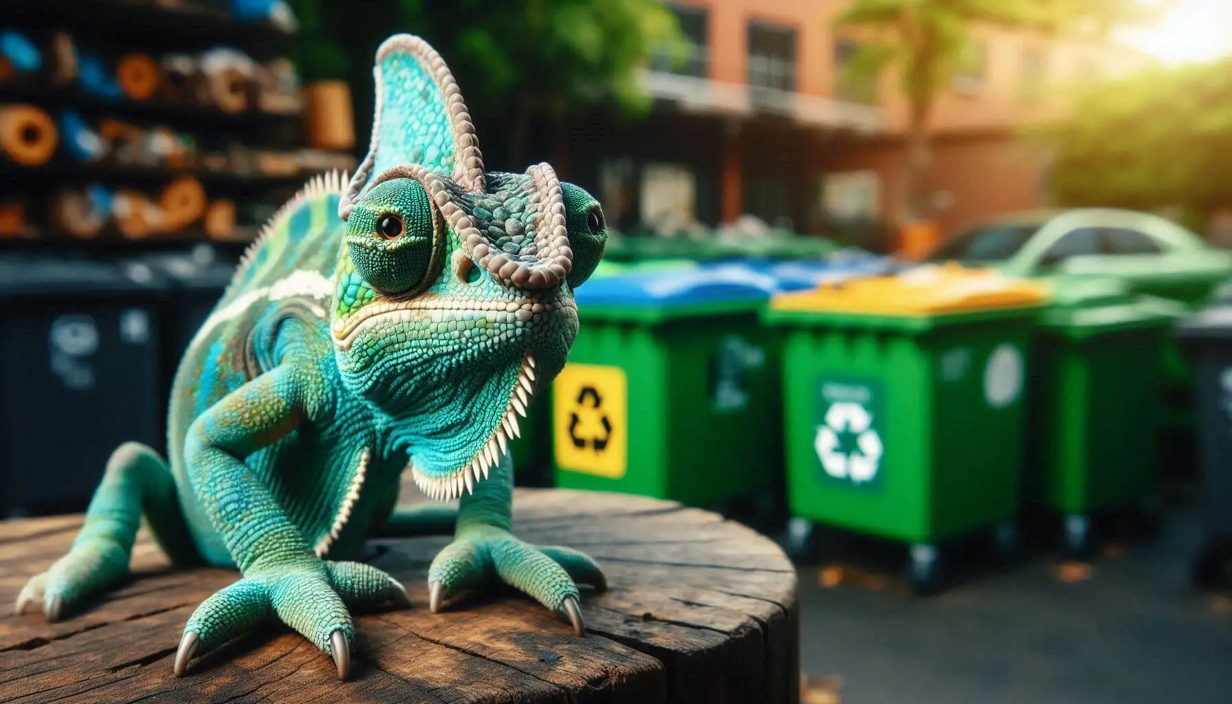 Caméléon coloré sur un tronc en bois devant des bacs de recyclage.